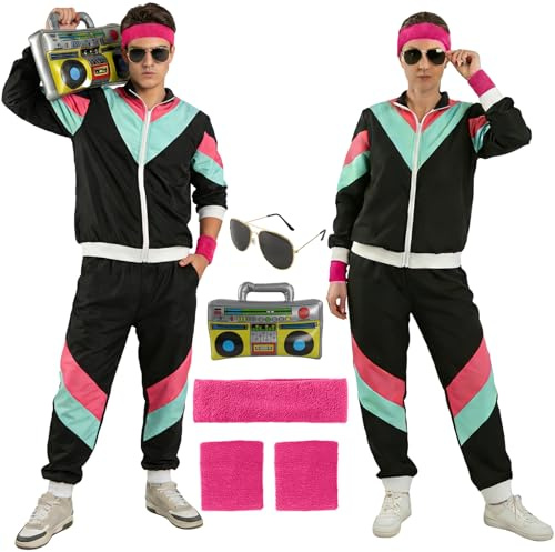 shyhand 80er 90er Jahre Outfit Retro Trainingsanzug für Herren Damen Jogginganzug Jacke Hose Kostüm mit Accessoires für Schlagerparty Mottoparty Karneval Bad Taste Anzug