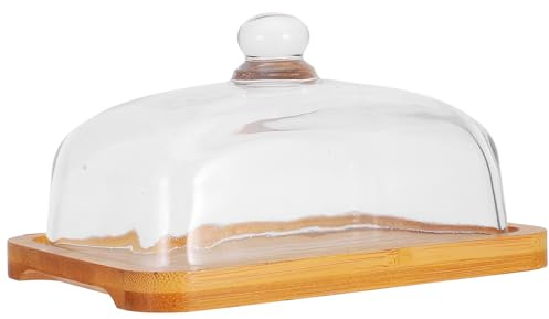Luxshiny Mantequera Tapada Rectangular de Madera de Acacia con Tapa de Vidrio Transparente, Soporte para Mantequilla y Quesos, Plato para Postres y Mini Pasteles, Adecuado para