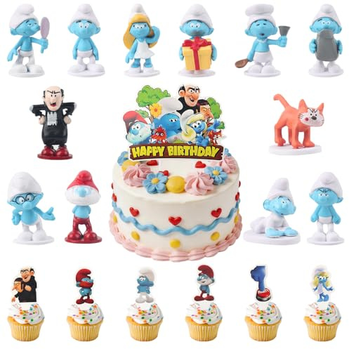 25 Stück Schlümpfe Figuren Tortendeko mit Minifiguren Cupcake Deko Happy Birthday Kuchendecko, Mädchen Junge Party Geburtstag Dekoration Geburtstagsfeiern