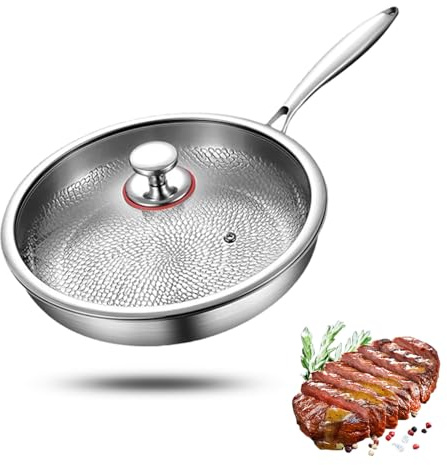 IDAMAKON 28 cm Antiadherente Titane Avec Couvercle PoêLe AntiadhéSive éPaisse Générique Pan en non Revêtue Poêle à Frire Martelée pour la Cuisson