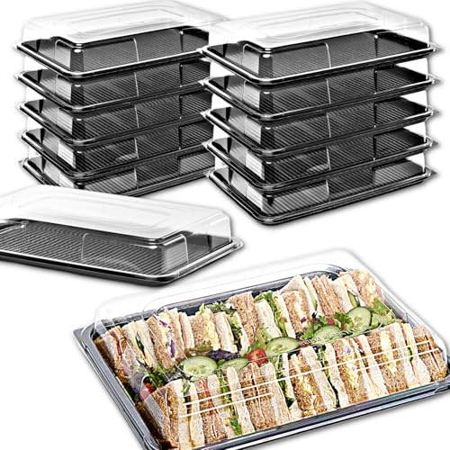 Pack of 30 Large - 450mm x 310mm x 75mm Deep Sandwich Platter Trays with Lids. Black Base & Clear Lid, Strong Party Platters & Lids for Buffets & Event Catering