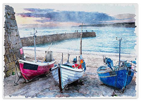 Boat Sea Harbour Blue Kitchen Worktop Protector Saver Glass Chopping Board