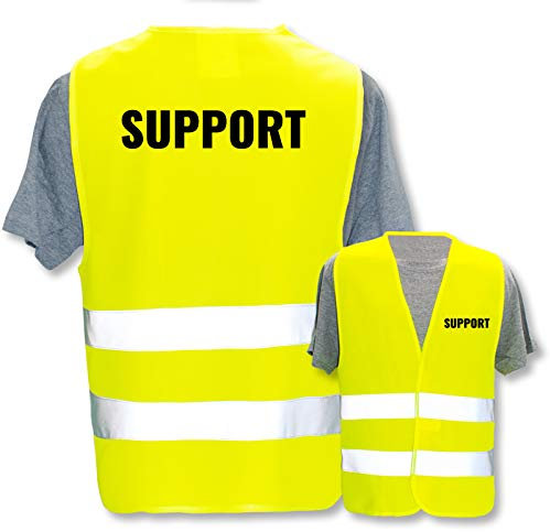 Bedruckte Marken-Warnwesten mit Leuchtstreifen * Standard- o. Reflex-Druck * Baugewerbe, Warnweste Begriffe Bau Gewerbe:Support, Farbe + Größe:Gelb (M/L)