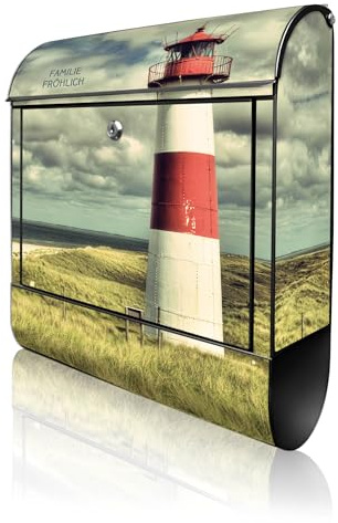 banjado Design Briefkasten personalisiert 38,5x46,5x13cm & 2 Schlüssel - Briefkasten Stahl Schwarz Zeitungsfach pulverbeschichtet - Postkasten A4 Einwurf inkl. Montagematerial - Motiv Leuchtturm Sylt