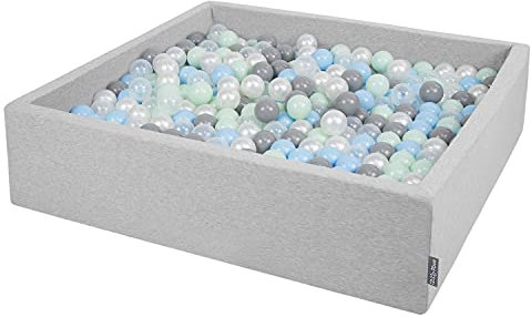 KiddyMoon Quadrat Bällebad Bällepool 120X30cm/200 Bälle ∅ 7Cm Eckig Ballgruben Für Babys Spielbad Kleinkinder, Hergestellt In Der EU, Hellgrau:Perle-Grau-Transparent-Babyblau-Mint