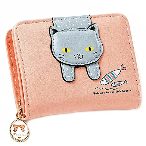 Oneroomone Damen Katzen Portemonnaie, Leder Kleine Geldbörse, Kindergeldbörse, Mehrere Fächer, Ledermaterial, Mit Reißverschluss, Dekorative Kleine Geldbörse,Geschenke Für Mädchen (Rosa)