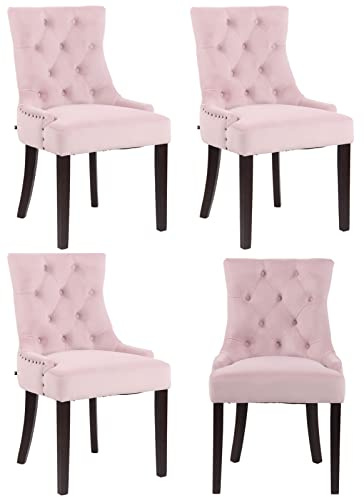 CLP 4er Set Esszimmerstuhl Aberdeen Samt I Mit Hochwertiger Polsterung Und Samtbezug I Polsterstuhl Mit Gestell Aus Kautschukholz, Farbe:pink, Gestell Farbe:antik