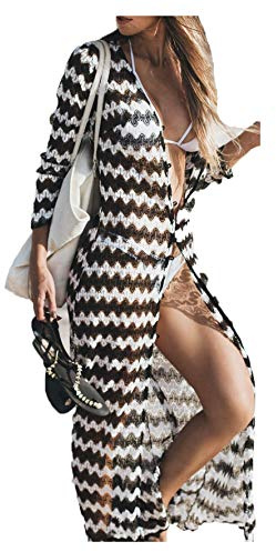 NLAND Vestido de Playa de Encaje para Mujer Vestido Playero de Manga Larga a Rayas Cárdigan de Playa de Punto Largo para Mujer(Negro+Blanco,Talla única)