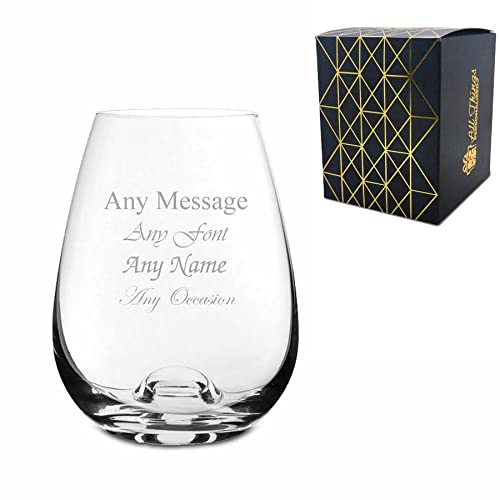 Personalised Engraved 11oz Dimple Base Stemless White Wine Glass, Gift Boxed, Personalise with Any Message for Any Occasion