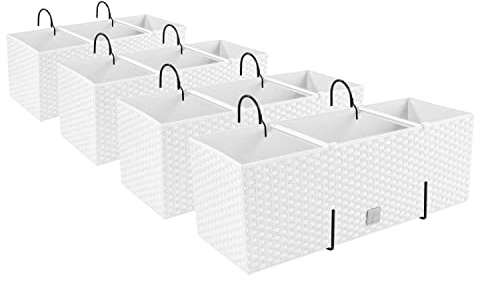 PAFEN 4X Blumenkasten Blumentopf Rattan-Optik mit Halterungen Pflanztopf Balkonkasten Pflanzkästen, Weiß