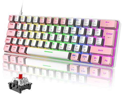 ZIYOU LANG T61 Portable 60% Gaming Mechanische Tastaturen mit Rote Schalter, 19 Rainbow Light up Keyboard, UK Layout USB-C Kabel Mini Kompakte 62 Tasten Anti-Ghosting für PC Mac PS4 Xbox-Weiß & Rosa
