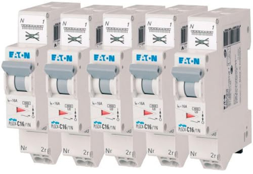 EATON 109130 PLGC4-C16/1N - DISJONCTEUR MODULAIRE PH/N - Blanc - MANETTE GRISE - 1P+N / 16 A - COURBE C - Raccordement direct sans vis - 5 disjoncteurs
