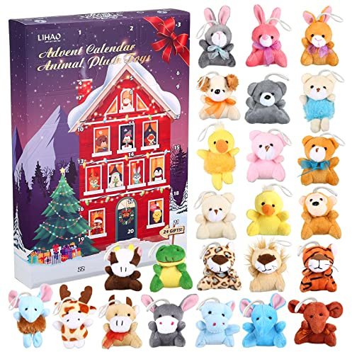LIHAO 24PCS Calendario de Adviento Niños Peluche Juguete Muñeco de Animales Peluche de Navidad Colgantes de Navidad Adornos para Árbol de Navidad Decoración Regalos