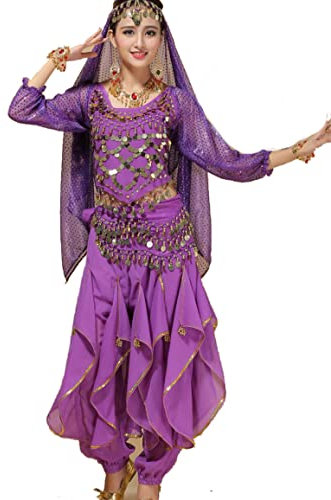 5-teiliges Set Bollywood-Tanzkostüme Indisches Bauchtanz-Kostüm-Set für Frauen Chiffon Orientale Bauchtanz-Kostüm-Set,Lila,XXL