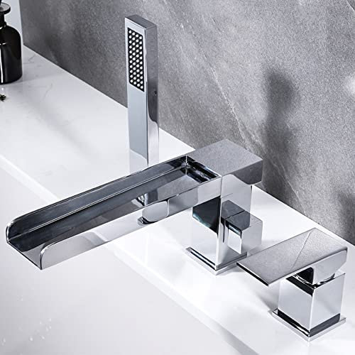 XJTNLB Badewannenarmatur mit Handbrause Wannenarmatur 3 Loch, Wasserfall Dusche Einhand Mischer Badezimmer Armatur Set-Chrom