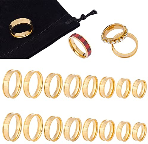 UNICRAFTALE 16 Stück Goldener Blanker Kernring 8 Größen Edelstahl Gerillter Ring Mit Samtbeuteln Runder Leerer Ring Für Einlegeringe Schmuckbandherstellung Und Geschenkgröße 5 14
