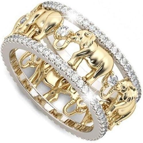 Sterling Silber Verstellbarer Ring für Frauen und Herren - Glücklicher Goldener Elefant 925 Ring Mit 1,5 Karat Weißem Topas Zirkonia - Familie Einwanderung Hochzeit Mond Design