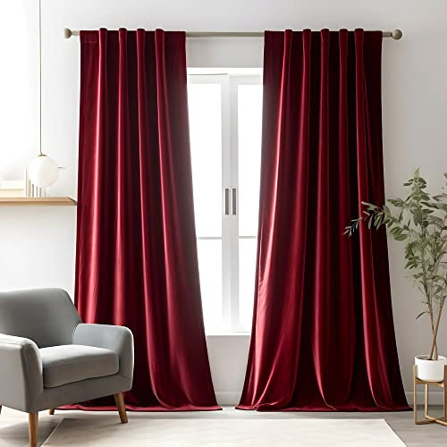 Aljctns Burgundy Red Velvet Curtains 84 inches Long Luxury Room Darkening for Bedroom Living Room,Thermal Insulated Super Soft Window Drapes Rod Pocket & Back Tab, 52 W x 84 L, 2 Panels Set