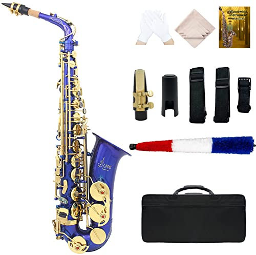 Blaulack E Flach Altsaxophon Komplettsatz Altsaxophon, Professionelles Saxophon Holzblasinstrument für Anfänger/Studenten/Leistung, hochwertige Messinggravur, großartiger Klang,White shell button