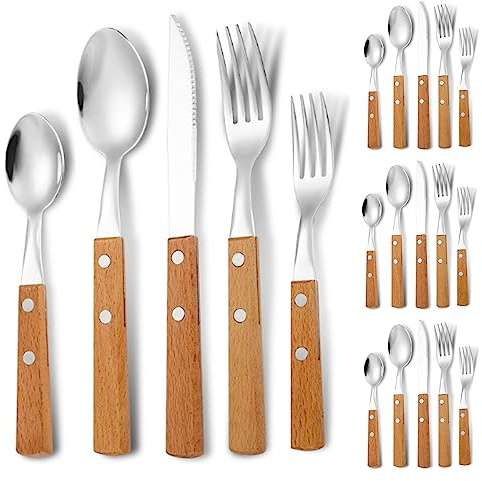 20 Pezzi Manico In Legno Massiccio Cucina Acciaio Inossidabile Argenteria Posate Posate Coltelli Forchette Cucchiai Set Per 4 Persone, Hotel Casa Coltello Da Bistecca Cucchiaio Da Dessert