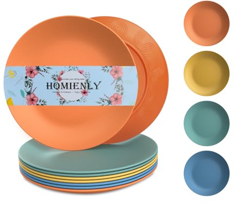 Homienly Wheat Straw Plates Unbreakable Flat Salad Plates Set of 8 Reusable Dinner Plate for Kitchen, Camping, RV, Microwave and Dishwasher Safe Plate Heavy Duty Paper Plates Alternative (Multi, 9in)