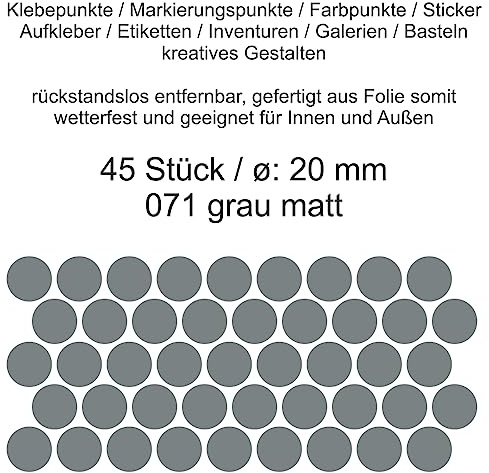 Aufkleber Etiketten Klebepunkte aus Folie 45 Stück grau matt rund 20 mm selbstklebend farbig wetterfest Decal Markierungen Organisieren DIY basteln verzieren Modellbau Scrapbooking