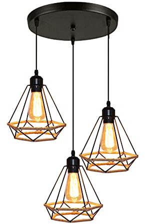 Lampada a sospensione industriale in corda di canapa Lampadario a 3 luci con cornice diamantata Plafoniera per illuminazione di mobili per soggiorno e camera da letto dell'isola della cucina Made