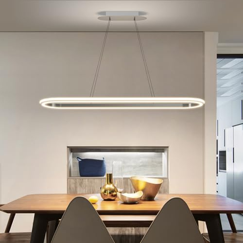 Mikeru Moderne Ovale Esstisch-Pendelleuchte, 110CM Kreisförmige Dimmbare Pendelleuchte Mit Fernbedienung, Helligkeit Von 10% Bis 100% Einstellbar, Blendfrei, Mit Speicherfunktion/Höhenverstellbar