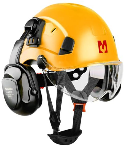 Mustbau Casco di Sicurezza EN397, Cappello Rigido con Paraorecchie e Visiera, Fascia Regolabile da 53 a 63cm, Materiale ABS Resistente Per Uomini Donne - Giallo