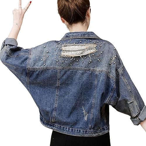 Jeans Jacken Für Damen,Damen Jeansjacke Mit Nieten Und Perlen Zerrissene Pailletten Gewaschene Jeans Shacket Distressed Denim Trucker Lässig Abgeschnittener Cardigan Mantel Western Outwear Für Mädch