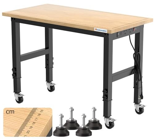 LARBANKE 120CM Verstellbare Werkbank,Werkbank aus Gummibaumholz mit Maßstäben,Höhen von 85-105cm,900KG Belastbarkeit Hartholz Arbeitstisch,Werkbänke mit Rädern und Fußpolster