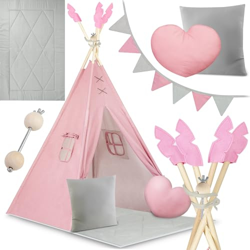Nukido - Spielzelt für Kinder - Teepee - Spielhaus - mit Holzrahmen, Halterung und Baumwollbezug - Großes Set - mit Kissen, weicher Spielmatte, Fensterrollo, Girlande - Faltbar - Rosa, Grau