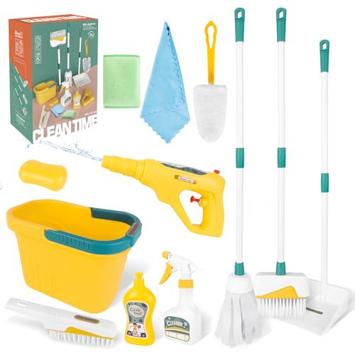 deAO Kids Cleaning Set 12 pcs Housekeeping Pretend Play Set Toddler Cleaning Set Includes Broom & Dustpan Set with Mop, Brush, Bucket, Play Housekeeping Toy for 3 4 5 6+ Years Old Boys Girls