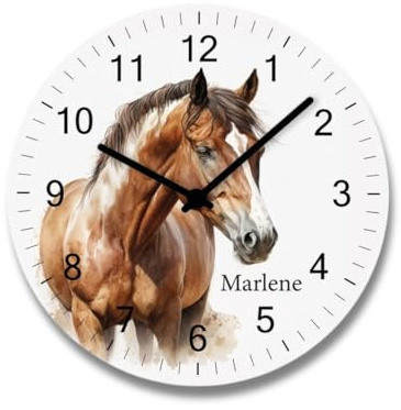 Faramosa Kinderwanduhr Pferd mit Name Uhr Mädchen Geschenk ohne Tickgeräusche Kinderzimmer Wanduhr
