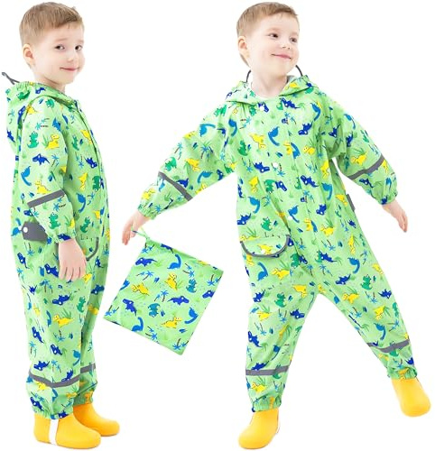FILOWA Impermeabile per Bambini Bambino con Cappuccio Antipioggia Cappotto Pioggia Giacca Lunge Economico Leggero Poncho Completo Tuta Impermeabile per Ragazzi Ragazzo 1-3 Anni, Verde Dinosauri