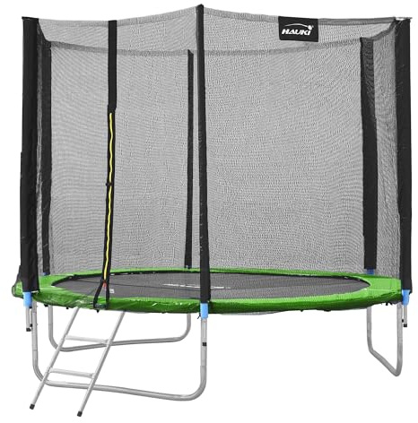Hauki Trampoline d'Extérieur, Ø 244 cm, Vert, Certifié GS, Trampoline de Jardin Rond pour Enfants, jusqu'à 150 kg, Kit Complet avec Filet de Sécurité, Échelle, Couverture de Bord, Barres Rembourrées
