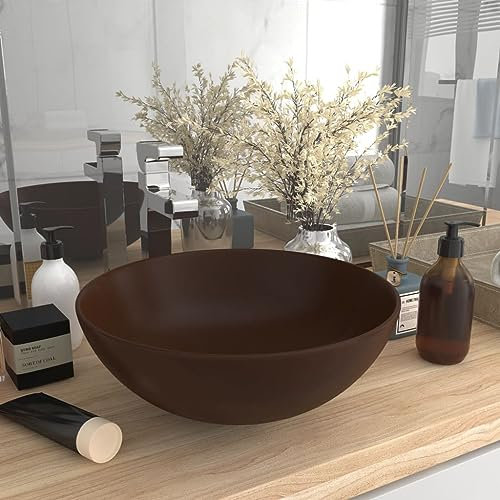 Lavabo de salle de bain rond en céramique marron foncé, LAPOOH Lavabo sur comptoir, lavabo de salle de bain, meubles de salle de bain, meuble lavabo