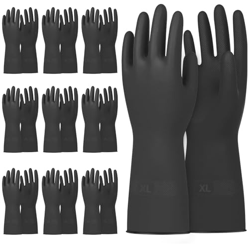 Beieverluck 10 Pairs Chemical Resistant Gloves, Reusable Heavy Duty Rubber Work Gloves with Textured Palm, Black Cleaning Dishwashing Gloves, X-Large