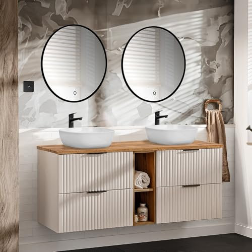 Lomadox Badezimmer Badmöbel Waschplatz Set mit 140cm Waschtisch, 3-teilig, in Kaschmir und Eiche, mit Keramik-Waschbecken, Spiegel, LED-Beleuchtung