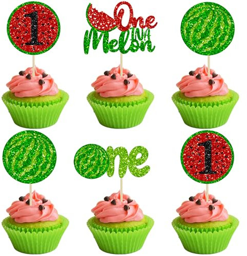 Gyufise 24Pcs One Watermelon Cupcake Toppers Glitter Fruit Theme Summer Watermelon 1st Birthday Cupcake Picks for Kid Baby Shower Party Decorations Boy Girl Birthday Cake Party Supplies