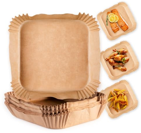 GOURMETmaxx bakpapper för varmluftsfritös 5 till 8 liter | bakplåtspappersskål non-stick-belagd och oljebeständig | Airfryer bakpapper – flexibel form | 50 stycken – 23 x 4,5 cm