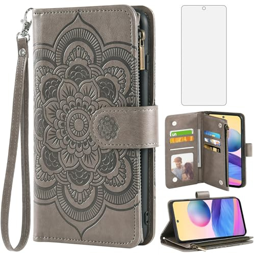 Asuwish Funda para Xiaomi Redmi Note 10 5G/Poco M3 Pro con Cristal Templado Protector Pantalla Vidrio Pelicula Protectora Libro Cuero Piel Tarjetero Note10 10T G5 M2103K19G Tapa Carcasa Capa Case Gris