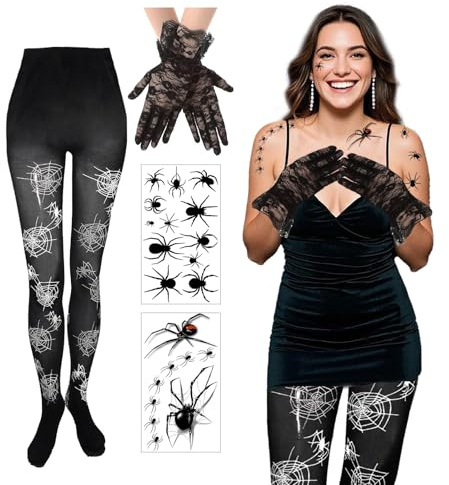 4 Stück Spinnenkostüm Damen Set Spinnenweben Strumpfhose Schwarze Spitzenhandschuhe und Spinnen Gesichtstattoos für Faschingskostüme, Karneval, Cosplay
