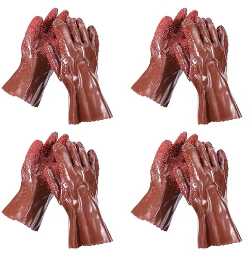 XIHIRCD 4 Pairs Sewer Gloves, Anti-Slip PVC Plumbing Gloves Abrasion Resistant Snake Gloves Waterproof Drain Cleaning Gloves for Women Men Plumber Accessories (Brown)