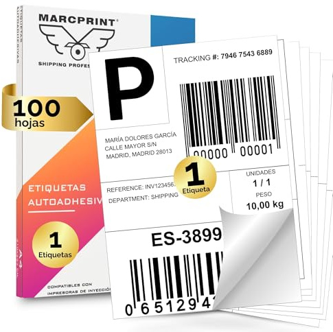 MARCPRINT 210 x 297 mm Papel Pegatina para Imprimir A4 Hojas - Papel Adhesivo para Imprimir Etiqueta por Hoja (100 hojas, 1 etiquetas/hoja)