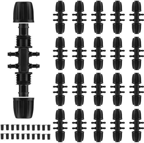 Rolcoassuns 20PCS Gartenbewässerung Barbed Tee Anschluss, 1/2 Zoll auf 1/4 Zoll 6 Wege Adapter Anti-Drop Verbinder für Tropfbewässerungssysteme, passend für 14 mm ID / 4 mm ID（Schwarz）
