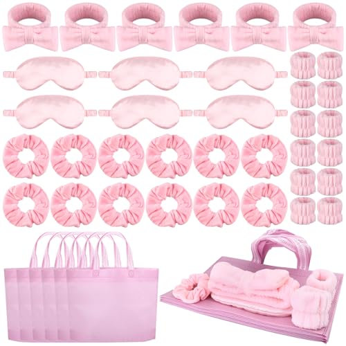 42 pezzi rosa a tema spa per ragazze pigiama party bomboniere con fascia in raso fascia da polso maschera per gli occhi fascia per capelli rosa in tessuto non tessuto, bomboniere essenziali per feste