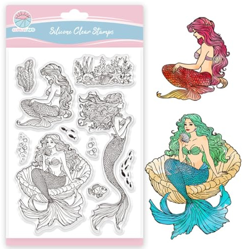 GLOBLELAND Sommer Meerjungfrauen Transparente Stempel für Scrapbooking Ozean Fische Klare Stamps Siegel Korallenmuschel Silikonstempel Für Kartengestaltung DIY Prägung Journaling