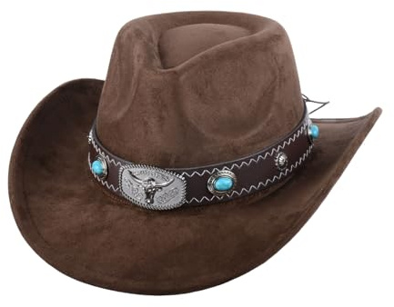 TOLASTO Cappello da cowboy per uomo e donna, traspirante, con fascia interna regolabile (56-58 cm), stile occidentale con tesa di 7 cm, per esterni, marrone, M