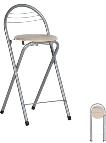 GOKHOMX Barhocker Klappbar mit Lehne 1 Stück, Hocker Klappbar Tragbarer Klapphocker Platzsparender Küchenhocker Barhocker Faltbar für Küche Bar Bistro Outdoor, Sitzhöhe 61 cm, (Eiche und Silber)